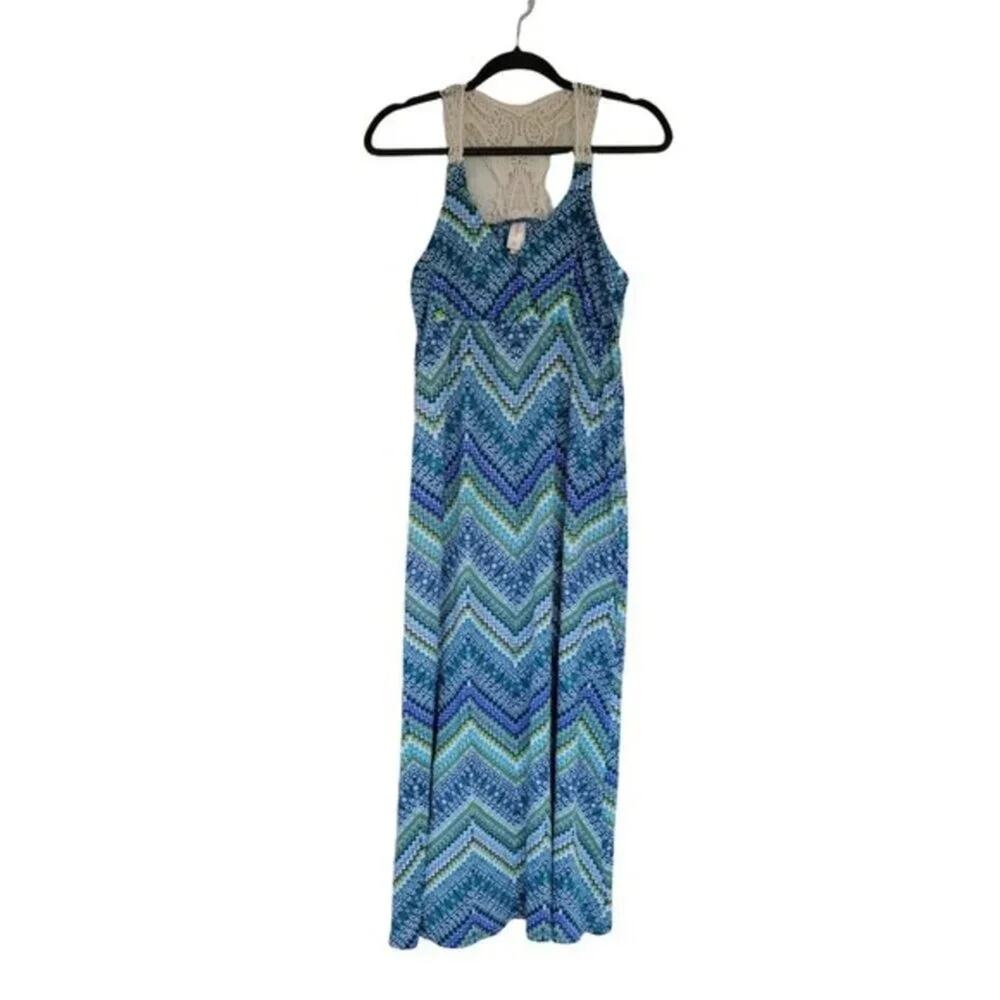 No Boundaries Boho Chevron Maxi Dress Womens L Blue Sleeveless Summer Dress